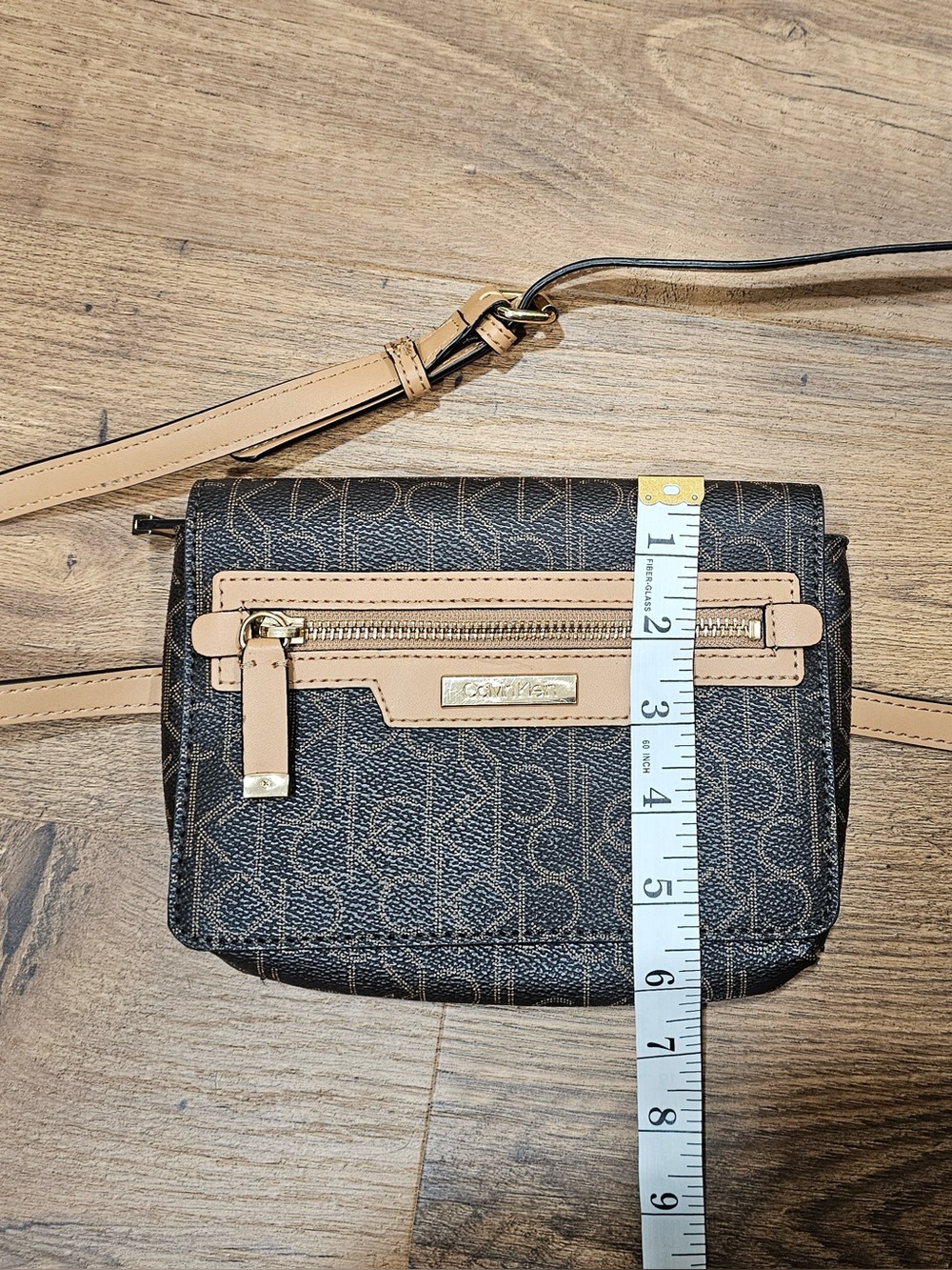 Calvin Klein Dark Brown Monogram Crossbody with Tan Trim - Picture 3 of 7